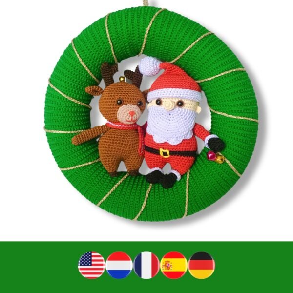 crochet Christmas wreath with crochet Santa Claus and reindeer