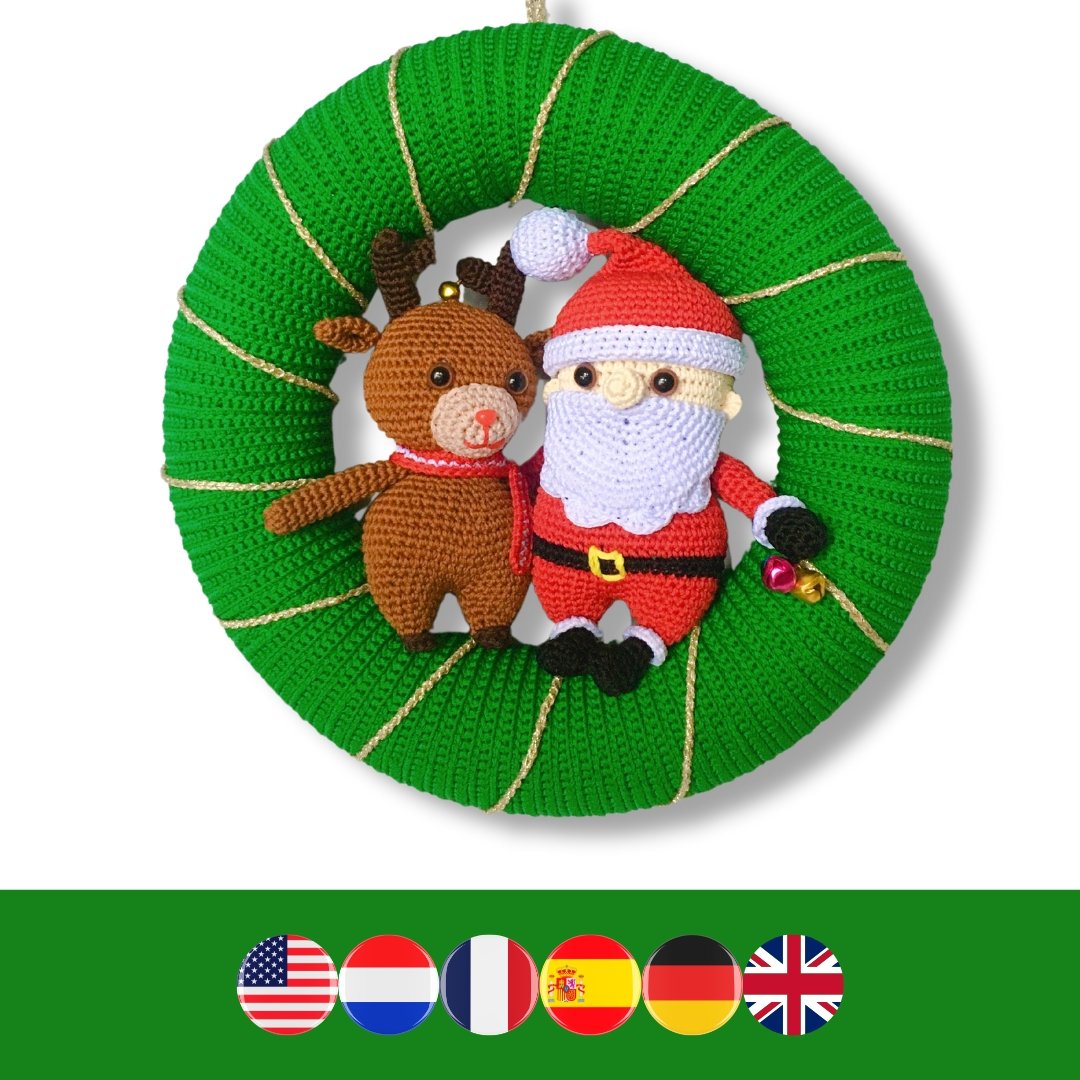 crochet Christmas wreath with crochet Santa Claus and reindeer