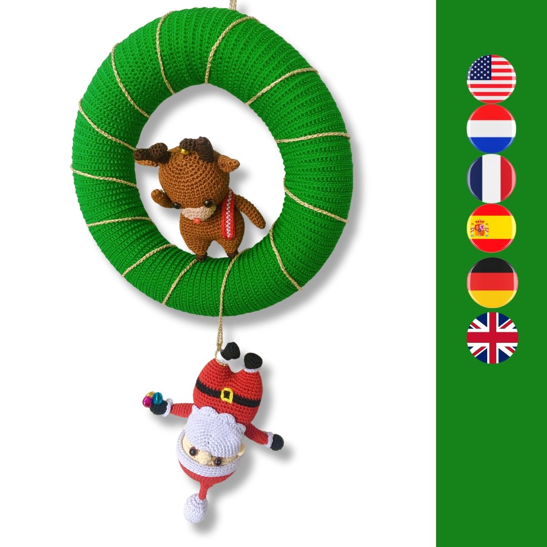 crochet Christmas wreath with crochet Santa Claus and reindeer
