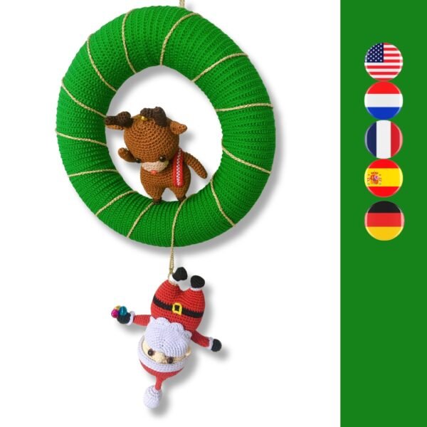 crochet Christmas wreath with crochet Santa Claus and reindeer