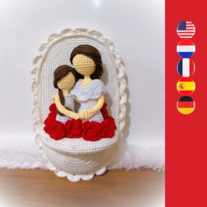 crochet Mother's Day gift, crochet mother with daughter surrounded by roses