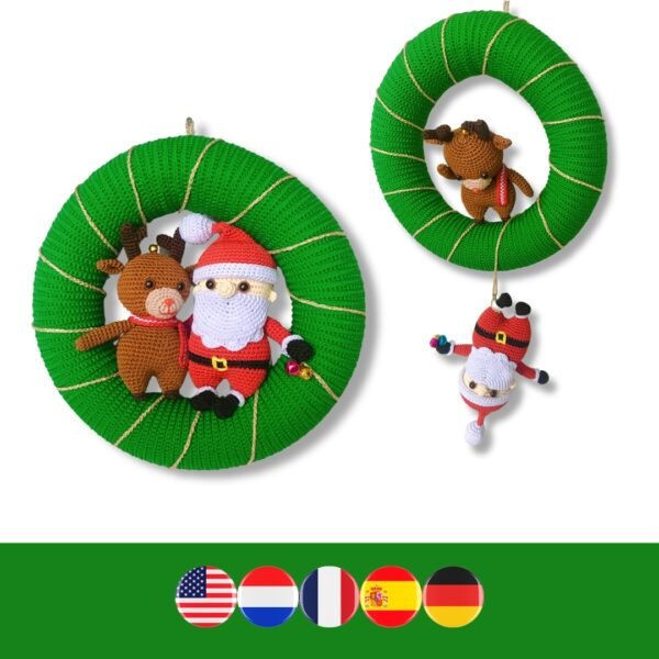 crochet Christmas wreath with crochet Santa Claus and reindeer