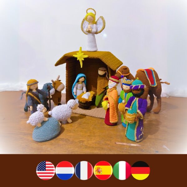 crochet nativity set with crochet Jesus, Mary, Joseph, Camel, three wise men, shepherd, sheep, donkey, ox, angel, star, stable