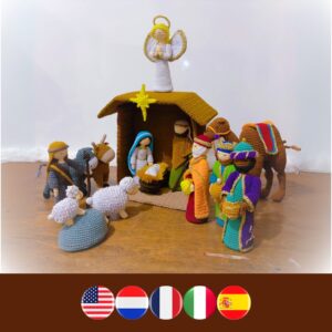 crochet nativity set with Mary, Joseph, Jesus, manger, stable, star, angel, camel, 3 wise men, shepherd and his sheep