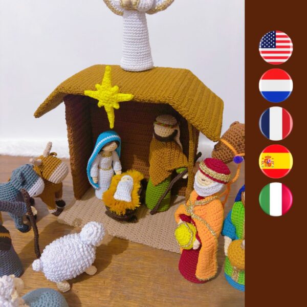 crochet nativity set with Mary, Joseph, Jesus, manger, stable, star, angel, camel, 3 wise men, shepherd and his sheep