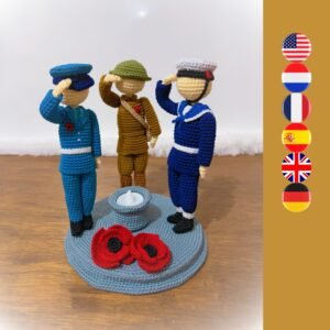 crochet pilot, soldier and sailor with crochet candle holder and poppy