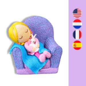 crochet girl on crochet sofa with crochet blanket and lovey