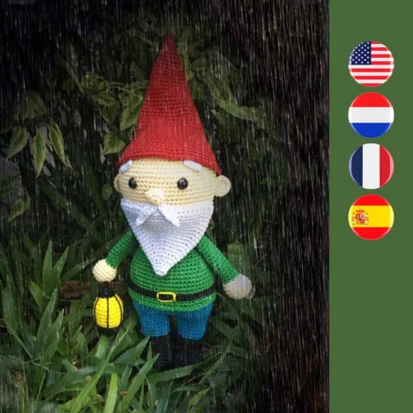 crochet garden gnome with lantern