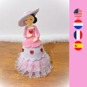 crochet Valentine lady doll in pink with hat