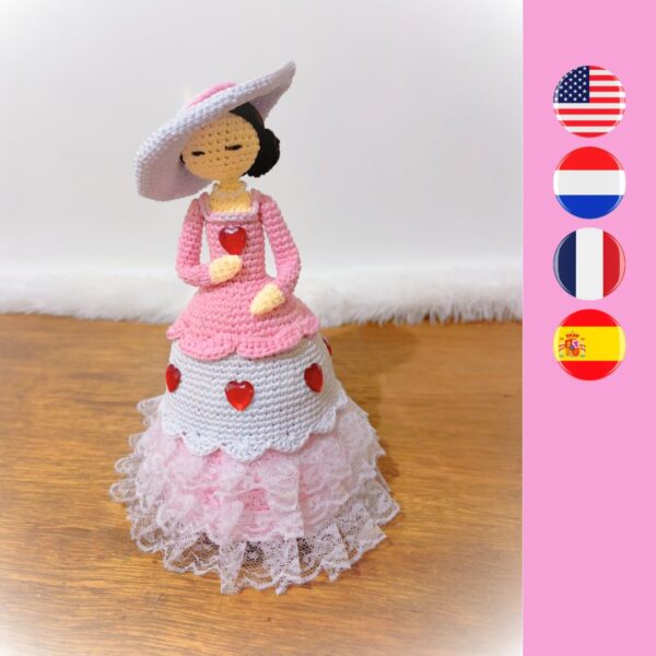 crochet Valentine lady doll in pink with hat