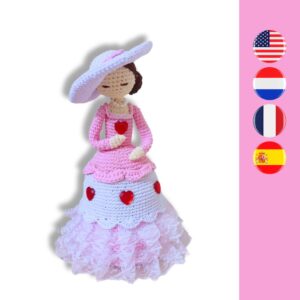 crochet lady duchess with hat and lace and hearts