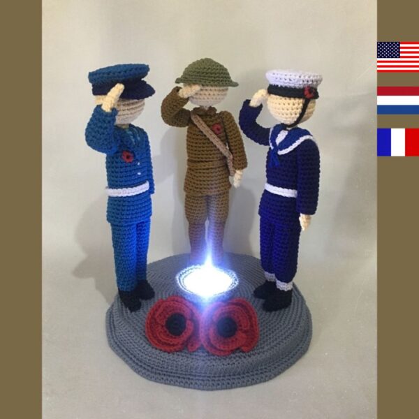 crochet soldier, pilot and sailor with poppies and LED candle