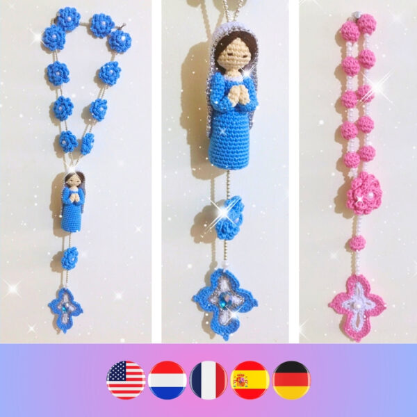 crochet rosary with crochet Virgin Mary and cross