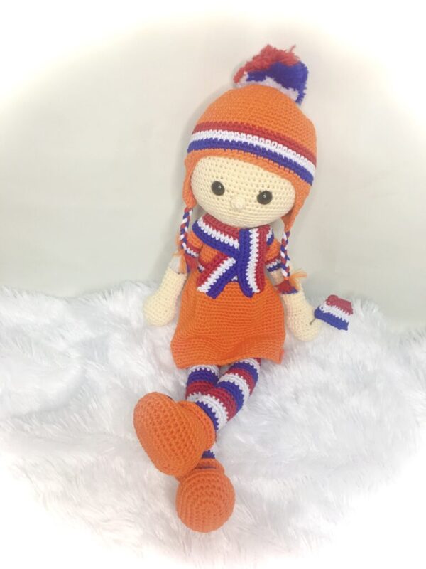 crochet Lola doll in Dutch flag colors
