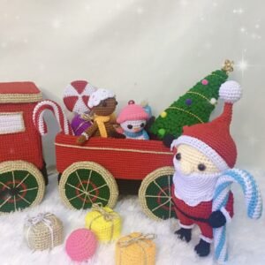 crochet Christmas train with santa, tree, gifts, candy cane