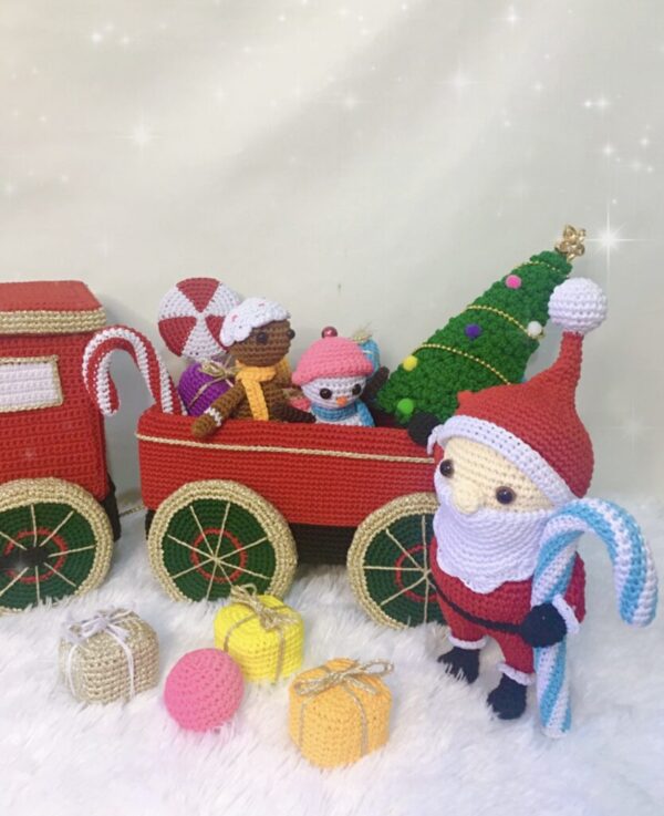 crochet Santa next to my crochet Christmas Train