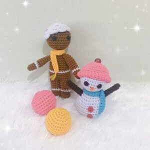 crochet gingerbread man with balls and crochet snowman