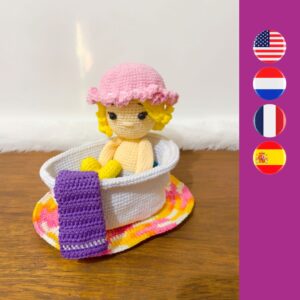 crochet girl in crochet bath with towel, rug, duckling, shower cap