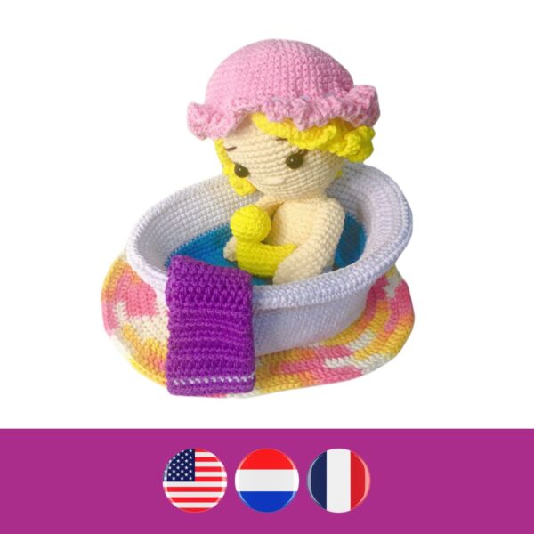 crochet girl in crochet bath with towel, rug, duckling, shower cap