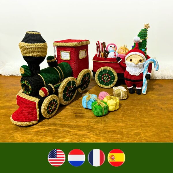 crochet Christmas train with crochet Santa, Christmas tree, candy cane, gifts, ...