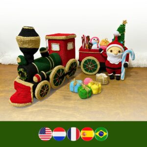 crochet Christmas train with crochet Santa, snowman, gingerbread man, Christmas tree, gifts