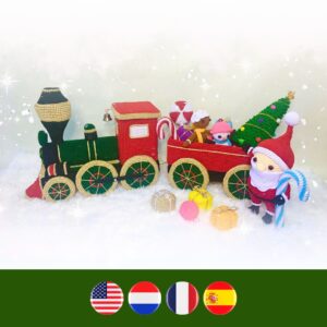 crochet Christmas train with crochet Santa, Christmas tree, candy cane, gifts, ...