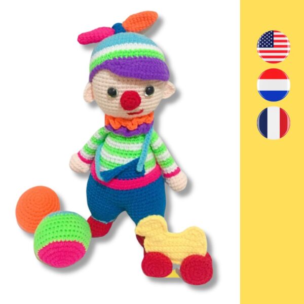 crochet clown with crochet ball and duck