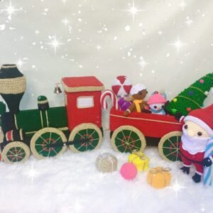 crochet Christmas train with santa, tree, gifts, candy cane