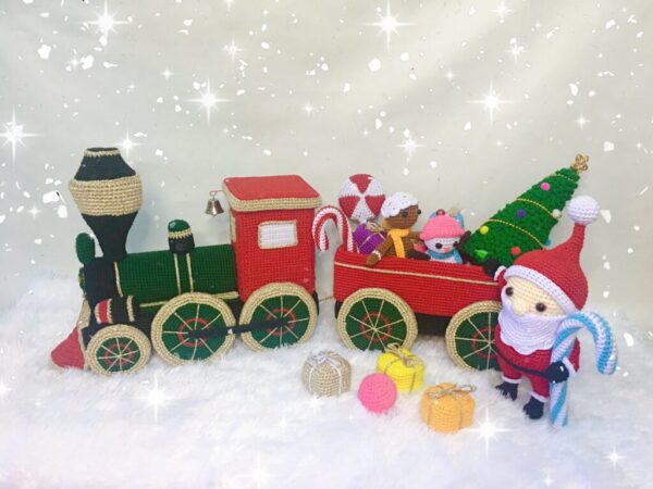 crochet Christmas train with santa, tree, gifts, candy cane