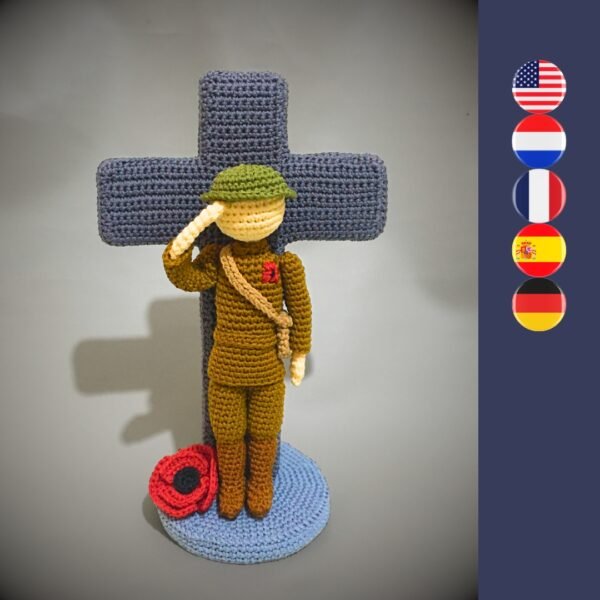 crochet soldier with crochet poppy and crochet cross
