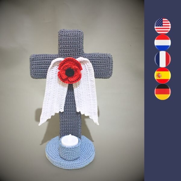 crochet cross with crochet wings and crochet poppy