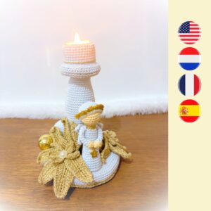 crochet white Christmas candle with white angel and golden poinsettia