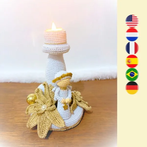 crochet white Christmas candle with white angel and golden poinsettia