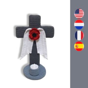 crochet cross with wings, poppy and LED candle