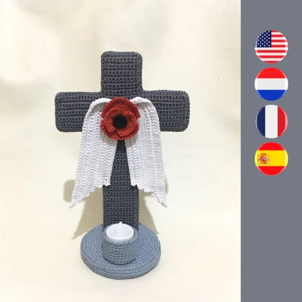 crochet cross with wings, poppy and LED candle