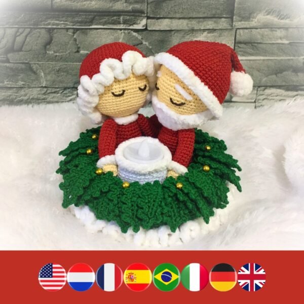 crochet Santa Claus with Mrs Claus, standing in a crochet Christmas wreath