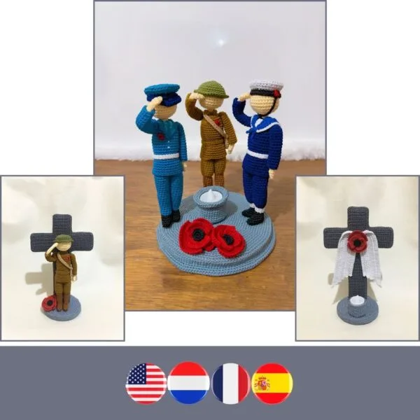 crochet soldier, pilot and sailor with poppy and LED candle