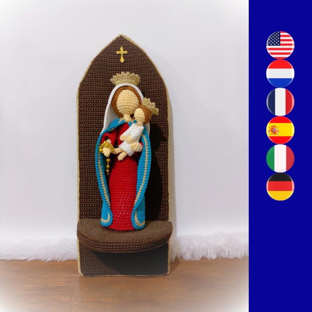crochet Virgin Mary with child Jesus on crochet shrine
