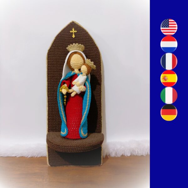 crochet Virgin Mary with child Jesus on crochet shrine