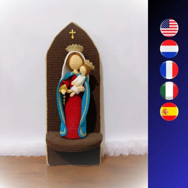 crochet Virgin Mary and Jesus on crochet shrine