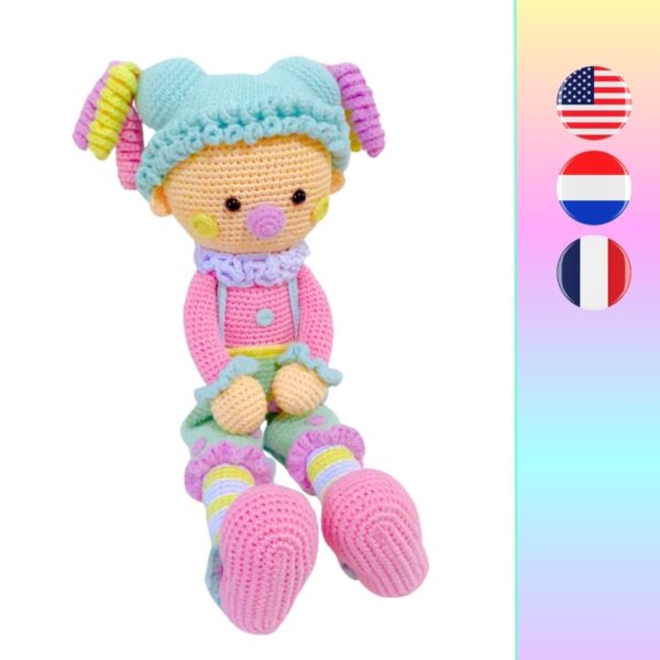 crochet girl clown in pastel colors