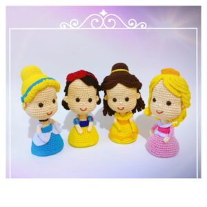 crochet fairy tale dollls = Cinderella, Snow white, Belle and Sleeping Beauty