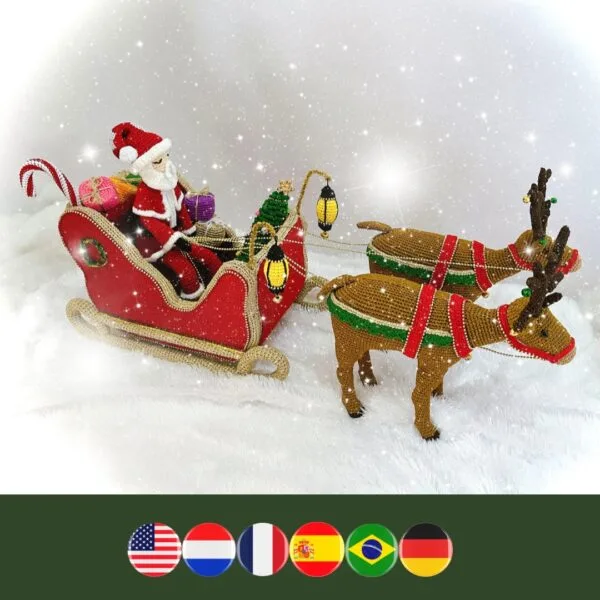 crochet Christmas sleigh with crochet Santa, reindeer, gifts, Christmas tree