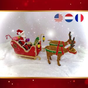 crochet Christmas sleigh with crochet reindeer, Santa, tree, gifts, candy cane, lanterns, ...