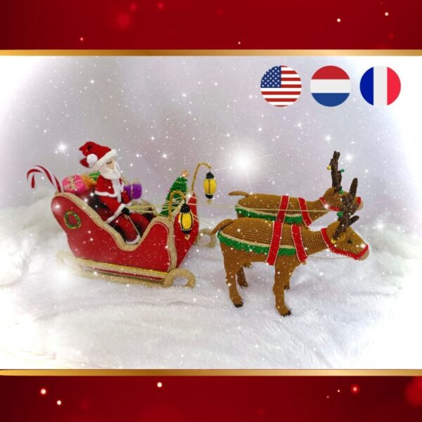 crochet Christmas sleigh with crochet reindeer, Santa, tree, gifts, candy cane, lanterns, ...