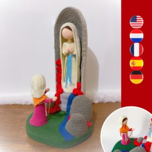 crochet Our Lady of Lourdes in crochet grotto with crochet St Bernadette