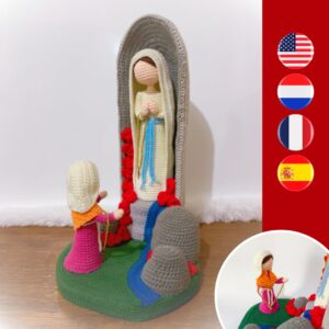 crochet Virgin Mary of Lourdes in cave with St Bernadette