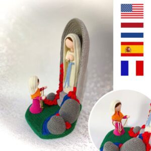 crochet Virgin Mary of Lourdes in cave with St Bernadette