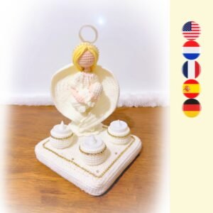 crochet baby memorial, crochet angel with LED candles in front of it