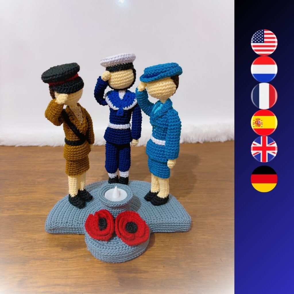 crochet female soldier dolls with a poppy and LED candle